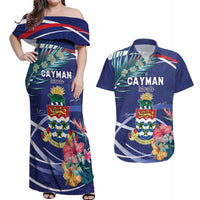 Personalized Cayman Islands Couples Matching Off Shoulder Maxi Dress and Hawaiian Shirt Coat Of Arms Tropical Flowers