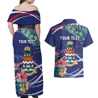 Personalized Cayman Islands Couples Matching Off Shoulder Maxi Dress and Hawaiian Shirt Coat Of Arms Tropical Flowers
