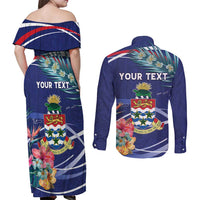 Personalized Cayman Islands Couples Matching Off Shoulder Maxi Dress and Long Sleeve Button Shirt Coat Of Arms Tropical Flowers