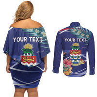 Personalized Cayman Islands Couples Matching Off Shoulder Short Dress and Long Sleeve Button Shirt Coat Of Arms Tropical Flowers