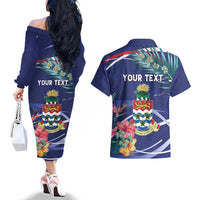Personalized Cayman Islands Couples Matching Off The Shoulder Long Sleeve Dress and Hawaiian Shirt Coat Of Arms Tropical Flowers