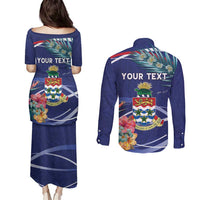 Personalized Cayman Islands Couples Matching Puletasi and Long Sleeve Button Shirt Coat Of Arms Tropical Flowers