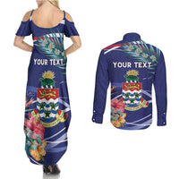 Personalized Cayman Islands Couples Matching Summer Maxi Dress and Long Sleeve Button Shirt Coat Of Arms Tropical Flowers