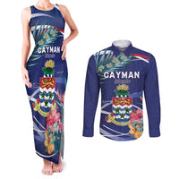 Personalized Cayman Islands Couples Matching Tank Maxi Dress and Long Sleeve Button Shirt Coat Of Arms Tropical Flowers