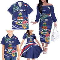 Personalized Cayman Islands Family Matching Off The Shoulder Long Sleeve Dress and Hawaiian Shirt Coat Of Arms Tropical Flowers