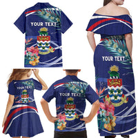 Personalized Cayman Islands Family Matching Off Shoulder Maxi Dress and Hawaiian Shirt Coat Of Arms Tropical Flowers