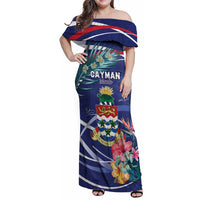 Personalized Cayman Islands Family Matching Off Shoulder Maxi Dress and Hawaiian Shirt Coat Of Arms Tropical Flowers