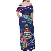 Personalized Cayman Islands Family Matching Off Shoulder Maxi Dress and Hawaiian Shirt Coat Of Arms Tropical Flowers