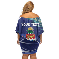 Personalized Cayman Islands Family Matching Off Shoulder Short Dress and Hawaiian Shirt Coat Of Arms Tropical Flowers
