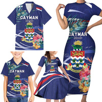 Personalized Cayman Islands Family Matching Short Sleeve Bodycon Dress and Hawaiian Shirt Coat Of Arms Tropical Flowers