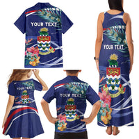 Personalized Cayman Islands Family Matching Tank Maxi Dress and Hawaiian Shirt Coat Of Arms Tropical Flowers