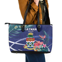 Personalized Cayman Islands Leather Tote Bag Coat Of Arms Tropical Flowers
