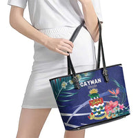 Personalized Cayman Islands Leather Tote Bag Coat Of Arms Tropical Flowers