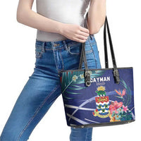 Personalized Cayman Islands Leather Tote Bag Coat Of Arms Tropical Flowers