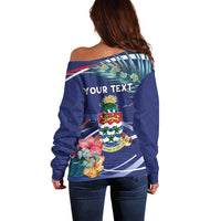 Personalized Cayman Islands Off Shoulder Sweater Coat Of Arms Tropical Flowers