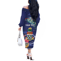 Personalized Cayman Islands Off The Shoulder Long Sleeve Dress Coat Of Arms Tropical Flowers