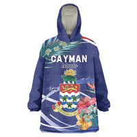 Personalized Cayman Islands Wearable Blanket Hoodie Coat Of Arms Tropical Flowers