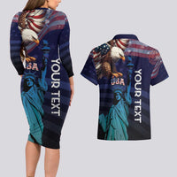 Personalized Fourth Of July USA Couples Matching Long Sleeve Bodycon Dress and Hawaiian Shirt Eagle - Statue Of Liberty