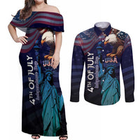 Personalized Fourth Of July USA Couples Matching Off Shoulder Maxi Dress and Long Sleeve Button Shirt Eagle - Statue Of Liberty