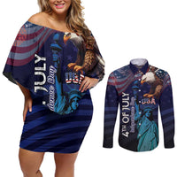 Personalized Fourth Of July USA Couples Matching Off Shoulder Short Dress and Long Sleeve Button Shirt Eagle - Statue Of Liberty