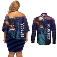 Personalized Fourth Of July USA Couples Matching Off Shoulder Short Dress and Long Sleeve Button Shirt Eagle - Statue Of Liberty