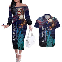 Personalized Fourth Of July USA Couples Matching Off The Shoulder Long Sleeve Dress and Hawaiian Shirt Eagle - Statue Of Liberty