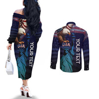 Personalized Fourth Of July USA Couples Matching Off The Shoulder Long Sleeve Dress and Long Sleeve Button Shirt Eagle - Statue Of Liberty