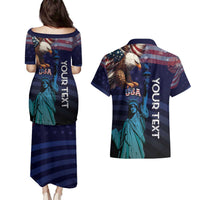 Personalized Fourth Of July USA Couples Matching Puletasi and Hawaiian Shirt Eagle - Statue Of Liberty