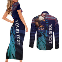 Personalized Fourth Of July USA Couples Matching Short Sleeve Bodycon Dress and Long Sleeve Button Shirt Eagle - Statue Of Liberty