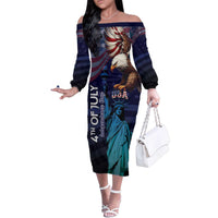 Personalized Fourth Of July USA Family Matching Off The Shoulder Long Sleeve Dress and Hawaiian Shirt Eagle - Statue Of Liberty