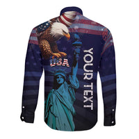 Personalized Fourth Of July USA Long Sleeve Button Shirt Eagle - Statue Of Liberty