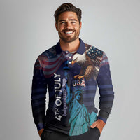 Personalized Fourth Of July USA Long Sleeve Polo Shirt Eagle - Statue Of Liberty