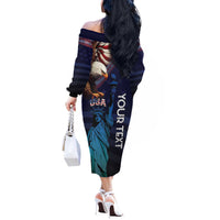 Personalized Fourth Of July USA Off The Shoulder Long Sleeve Dress Eagle - Statue Of Liberty
