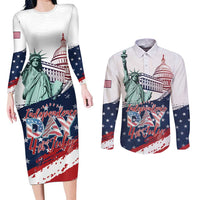 Personalized Fourth Of July Couples Matching Long Sleeve Bodycon Dress and Long Sleeve Button Shirt Happy USA Independence Day