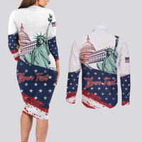 Personalized Fourth Of July Couples Matching Long Sleeve Bodycon Dress and Long Sleeve Button Shirt Happy USA Independence Day