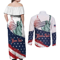 Personalized Fourth Of July Couples Matching Off Shoulder Maxi Dress and Long Sleeve Button Shirt Happy USA Independence Day