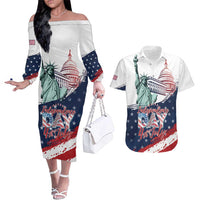 Personalized Fourth Of July Couples Matching Off The Shoulder Long Sleeve Dress and Hawaiian Shirt Happy USA Independence Day