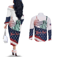 Personalized Fourth Of July Couples Matching Off The Shoulder Long Sleeve Dress and Long Sleeve Button Shirt Happy USA Independence Day