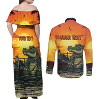 Personalized Alligator Alcatraz Couples Matching Off Shoulder Maxi Dress and Long Sleeve Button Shirt Gator Island Prison Retro Sunset - Wonder Print Shop