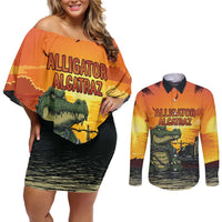 Personalized Alligator Alcatraz Couples Matching Off Shoulder Short Dress and Long Sleeve Button Shirt Gator Island Prison Retro Sunset - Wonder Print Shop
