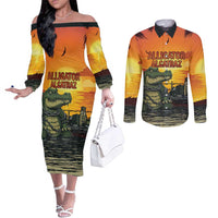 Personalized Alligator Alcatraz Couples Matching Off The Shoulder Long Sleeve Dress and Long Sleeve Button Shirt Gator Island Prison Retro Sunset - Wonder Print Shop