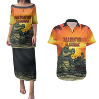 Personalized Alligator Alcatraz Couples Matching Puletasi and Hawaiian Shirt Gator Island Prison Retro Sunset - Wonder Print Shop