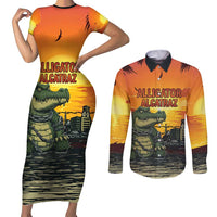 Personalized Alligator Alcatraz Couples Matching Short Sleeve Bodycon Dress and Long Sleeve Button Shirt Gator Island Prison Retro Sunset - Wonder Print Shop