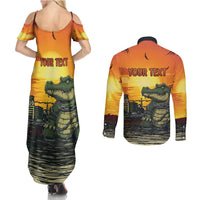 Personalized Alligator Alcatraz Couples Matching Summer Maxi Dress and Long Sleeve Button Shirt Gator Island Prison Retro Sunset - Wonder Print Shop