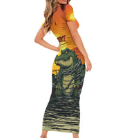 Personalized Alligator Alcatraz Short Sleeve Bodycon Dress Gator Island Prison Retro Sunset - Wonder Print Shop