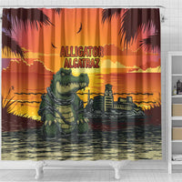 Alligator Alcatraz Shower Curtain Gator Island Prison Retro Sunset - Wonder Print Shop