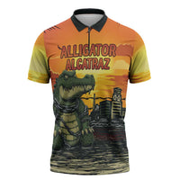 Personalized Alligator Alcatraz Zipper Polo Shirt Gator Island Prison Retro Sunset - Wonder Print Shop
