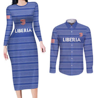 Custom Liberia Football Couples Matching Long Sleeve Bodycon Dress and Long Sleeve Button Shirt Women Blue Jersey - Wonder Print Shop
