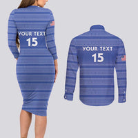 Custom Liberia Football Couples Matching Long Sleeve Bodycon Dress and Long Sleeve Button Shirt Women Blue Jersey - Wonder Print Shop