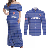 Custom Liberia Football Couples Matching Off Shoulder Maxi Dress and Long Sleeve Button Shirt Women Blue Jersey - Wonder Print Shop